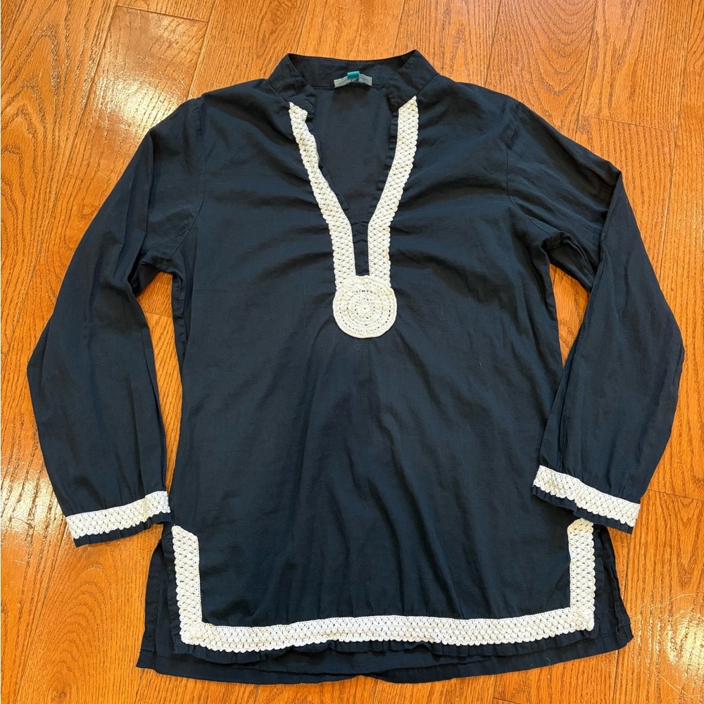 Southern Frock Navy Tunic Top XL – White Crochet Trim Boho Coastal Cotton
